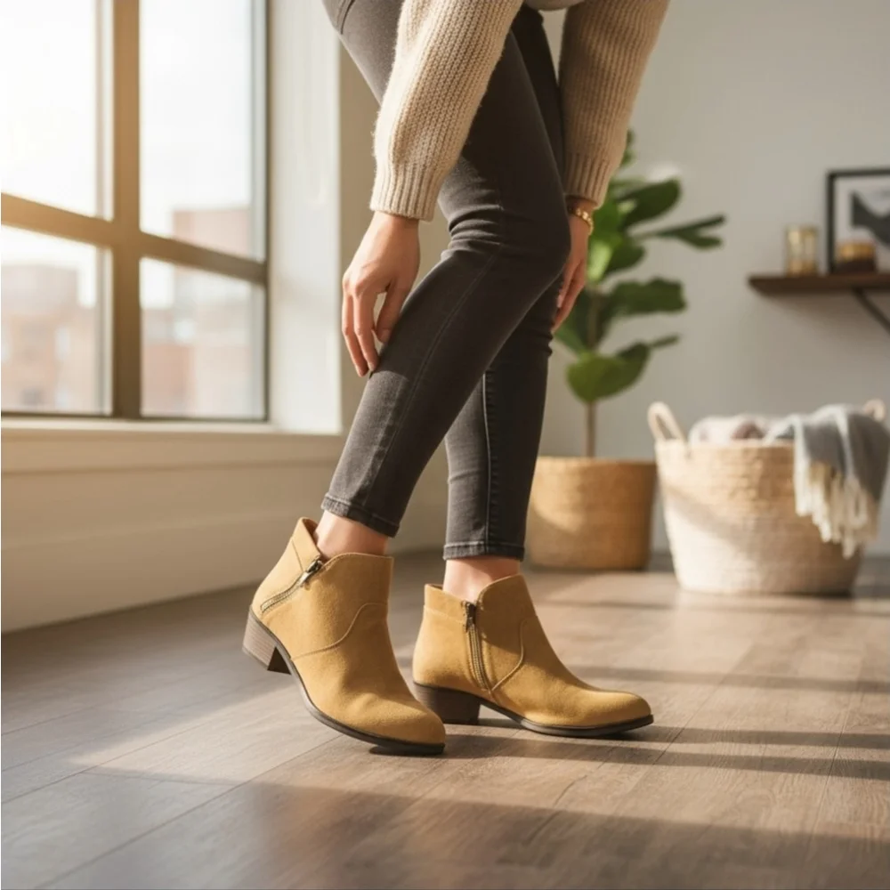 Sun + Stone Micro Suede Double Zipper Booties Boots Sz 8.5 WIDE Caramel Brown